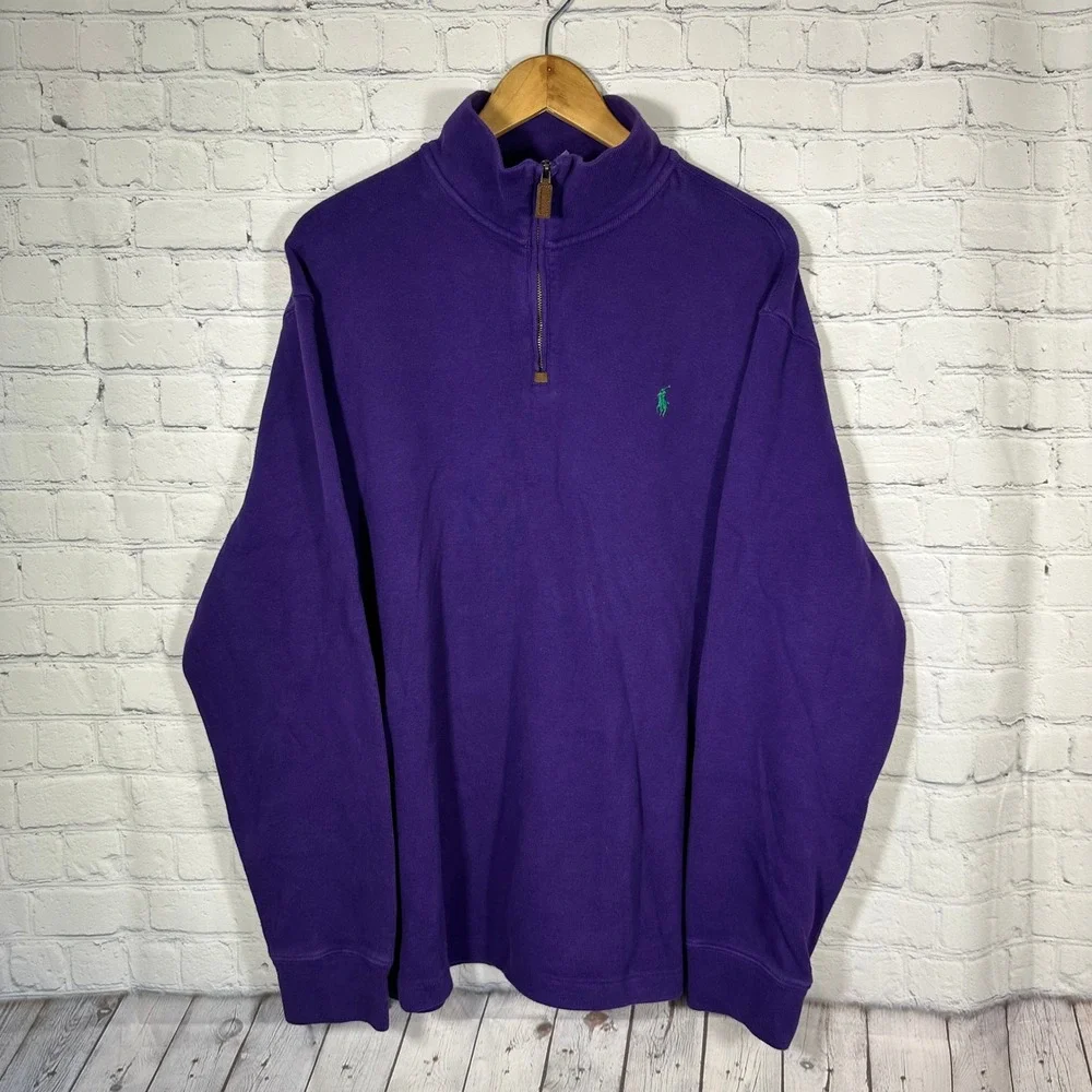 Polo Ralph Lauren Mens XXL Purple Quarter Zip Pullover Cotton Sweater Green Pony
